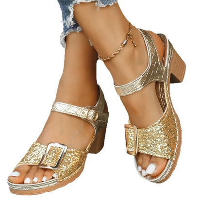 VELORA DORÉ™ | Sandales Dorées Femme Élégantes Été – Plateforme Confort Paillettes
