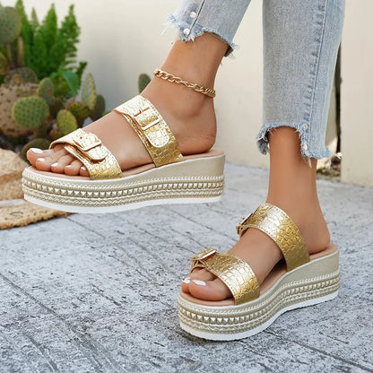 AELORIA DORÉ™ | Sandales Dorées Femme Élégantes Été – Compensées Confort Plage