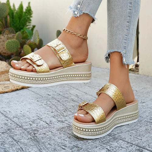 AELORIA DORÉ™ | Sandales Dorées Femme Élégantes Été – Compensées Confort Plage