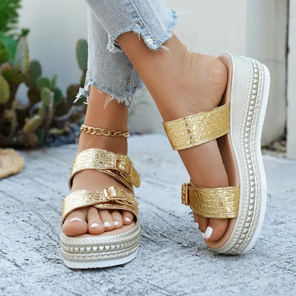 AELORIA DORÉ™ | Sandales Dorées Femme Élégantes Été – Compensées Confort Plage