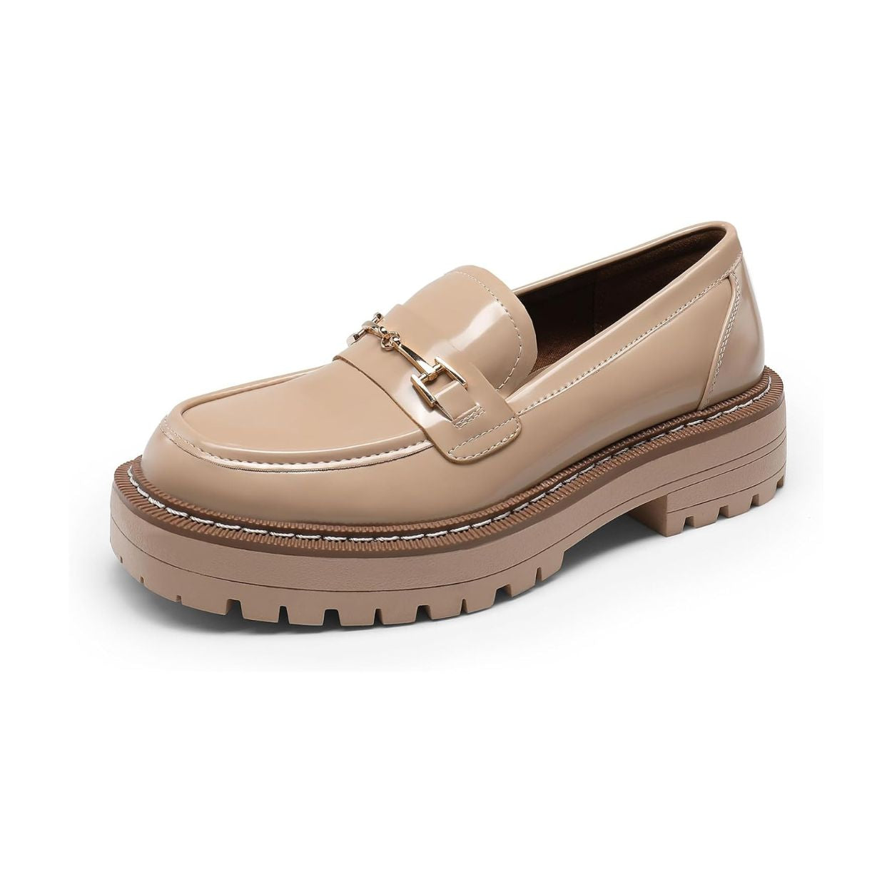 Mocassins femme à semelle plateforme crantée, détail métal, cuir synthétique