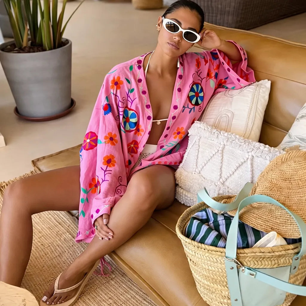Hanoria™ – Kimono femme fluide brodé floral coupe ample