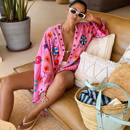 Hanoria™ – Kimono femme fluide brodé floral coupe ample
