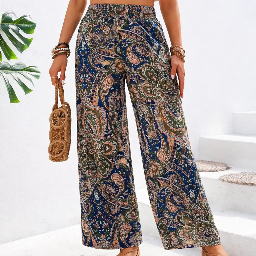 Vintara Pantalon fluide été femme – Imprimé vintage tie-dye