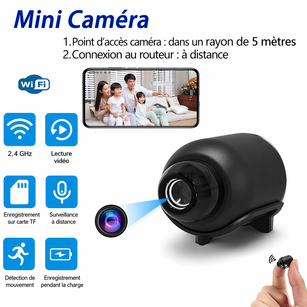 NoxCam - Mini caméra espion WiFi 1080P + vision nocturne | Surveillance maison