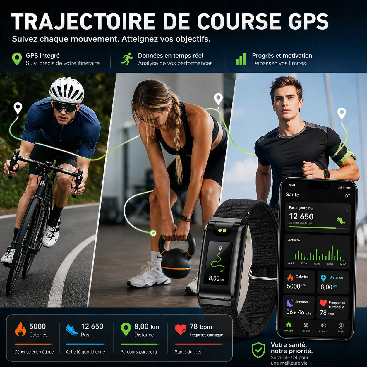 PulseBand Pro - bracelet montre connectée Santé, bracelet sport Sans Écran