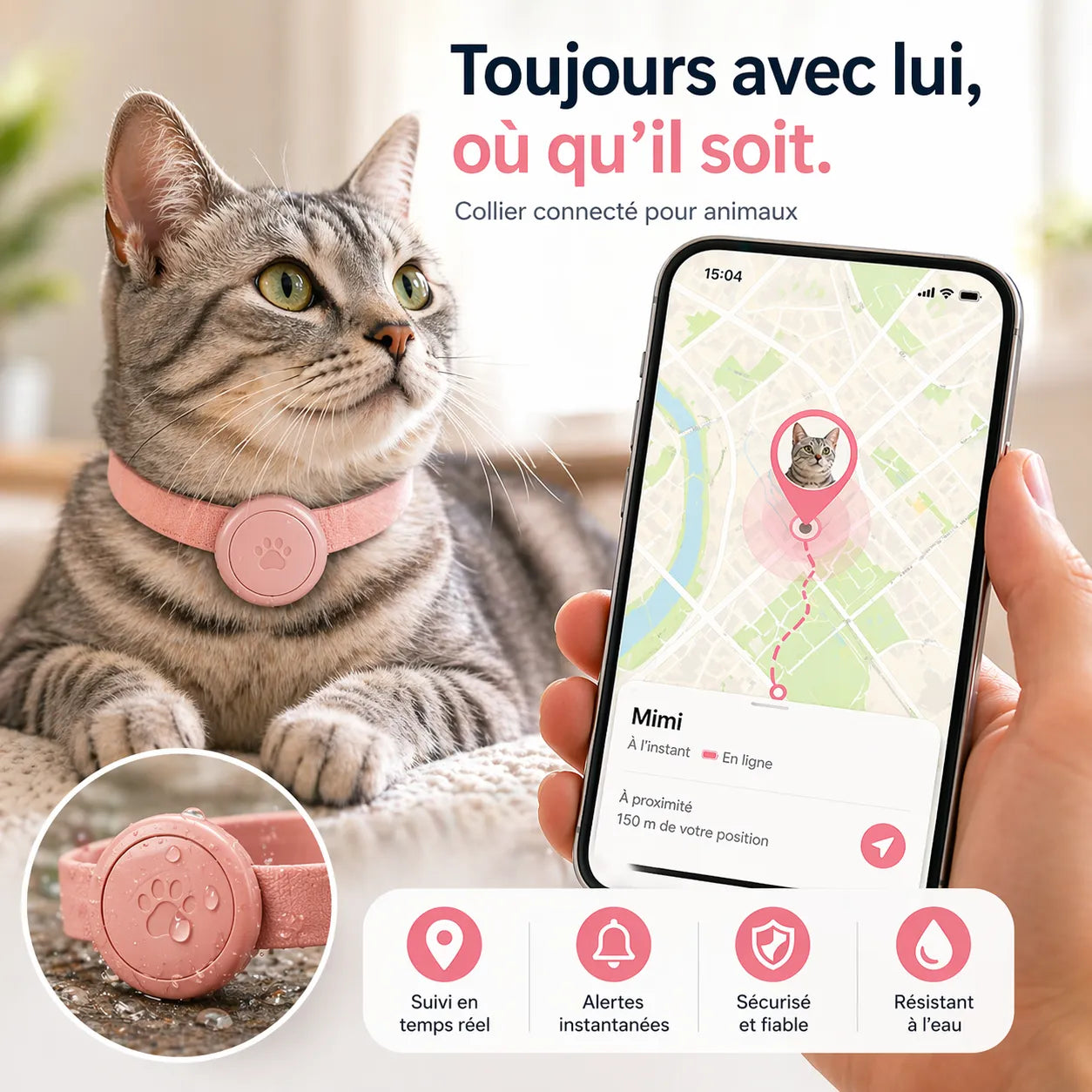 GPS chat sans abonnement – Collier Réglable Étanche, Sans Abonnement