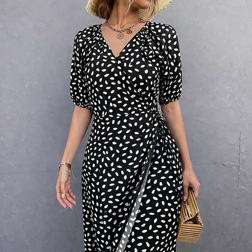 Rosméra™ – Robe mi longue femme fluide pois col V