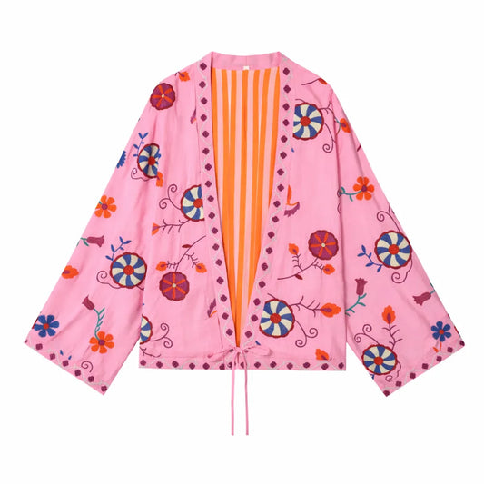 Hanoria™ – Kimono femme fluide brodé floral coupe ample