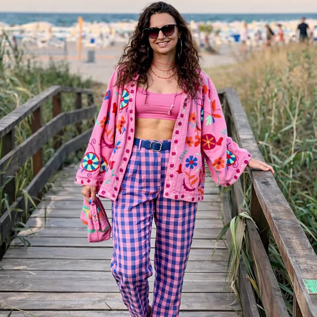 Hanoria™ – Kimono femme fluide brodé floral coupe ample