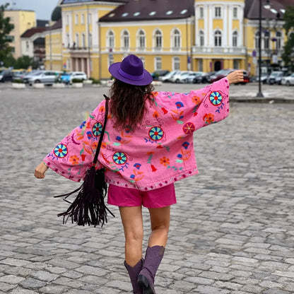 Hanoria™ – Kimono femme fluide brodé floral coupe ample