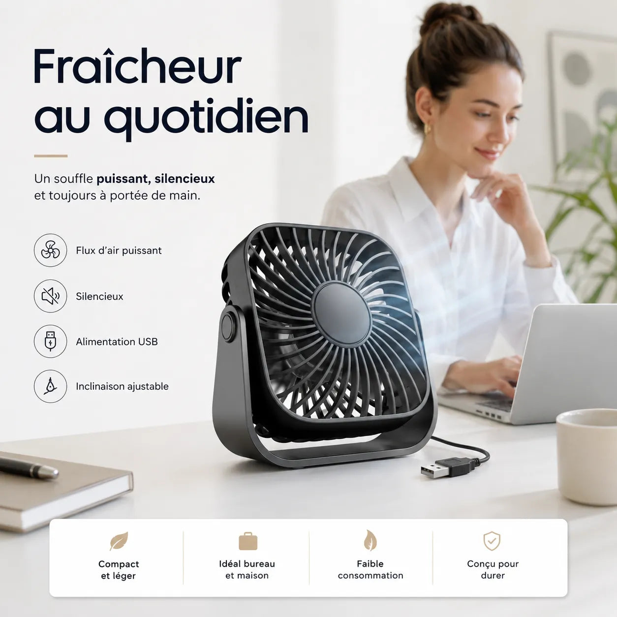 TOPK | Ventilateur Portable USB Silencieux – Rafraichisseur d Air Climatiseur Mobile