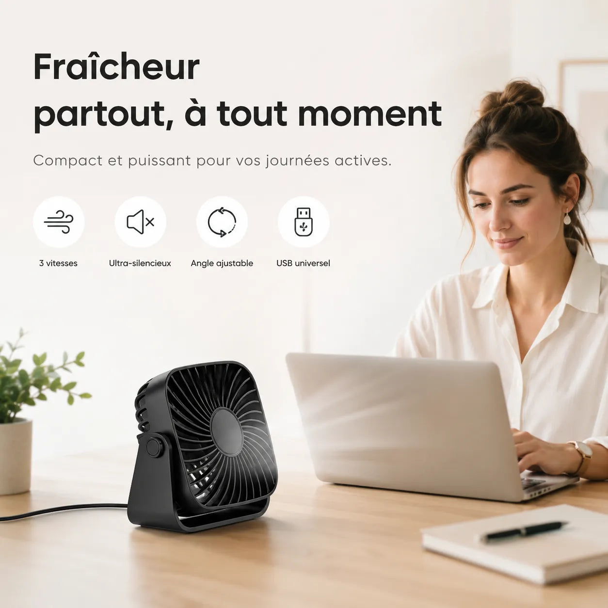 TOPK | Ventilateur Portable USB Silencieux – Rafraichisseur d Air Climatiseur Mobile