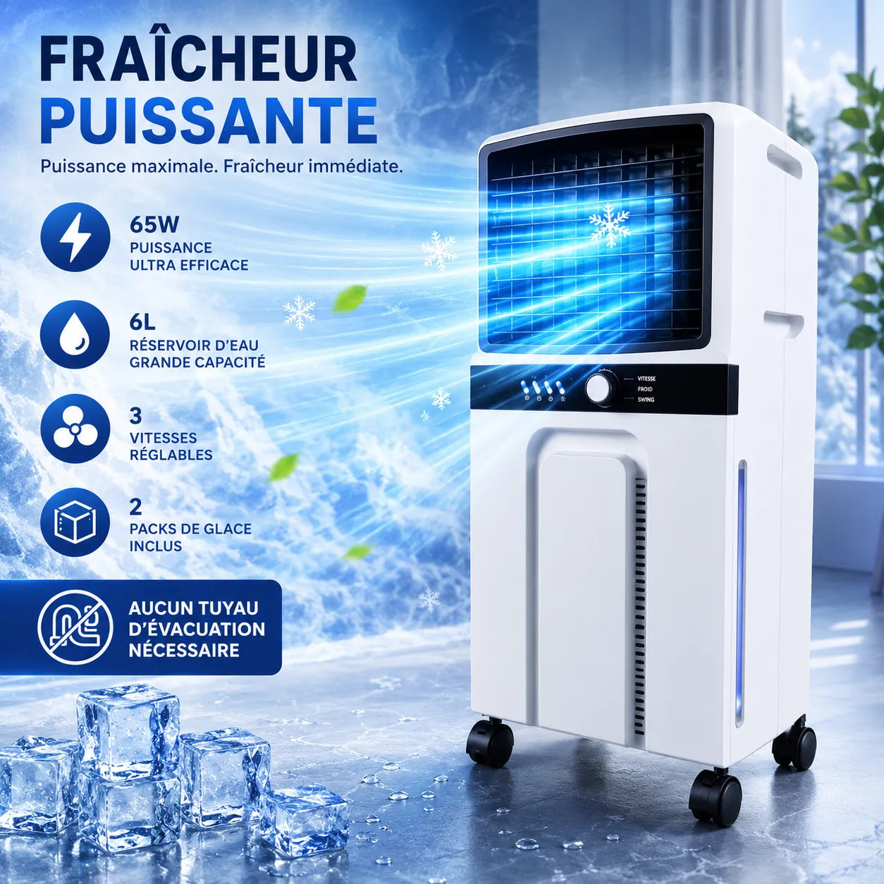 ZEPHIR | Ventilateur Rafraichisseur d Air 6L – Climatiseur Mobile Sans Évacuation