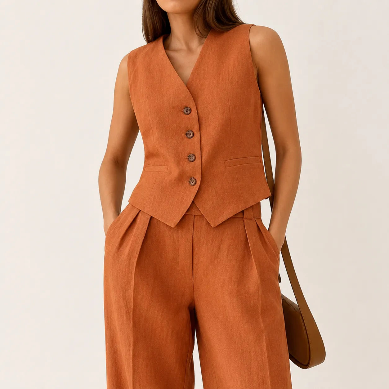 Terracotta Élégance | Ensemble Femme Lin Deux Pièces Gilet &amp; Pantalon Large