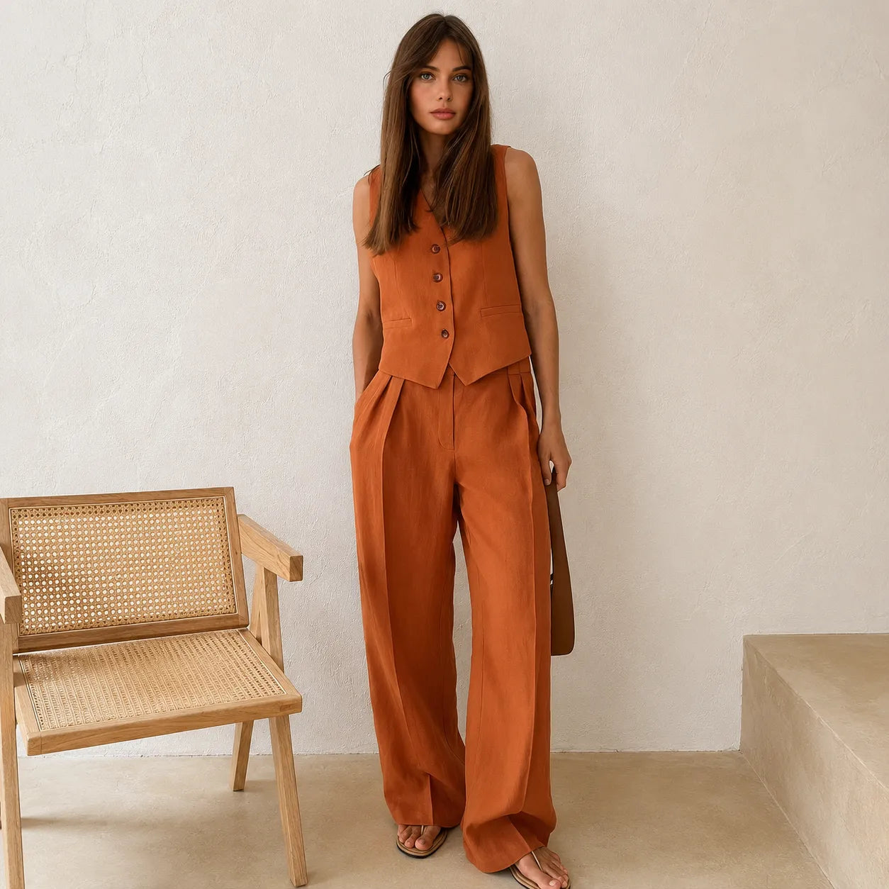 Terracotta Élégance | Ensemble Femme Lin Deux Pièces Gilet &amp; Pantalon Large