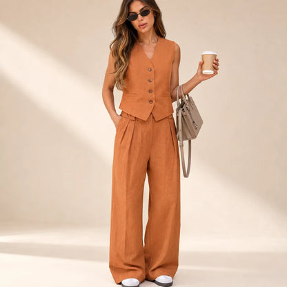 Terracotta Élégance | Ensemble Femme Lin Deux Pièces Gilet &amp; Pantalon Large
