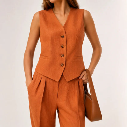 Terracotta Élégance | Ensemble Femme Lin Deux Pièces Gilet &amp; Pantalon Large