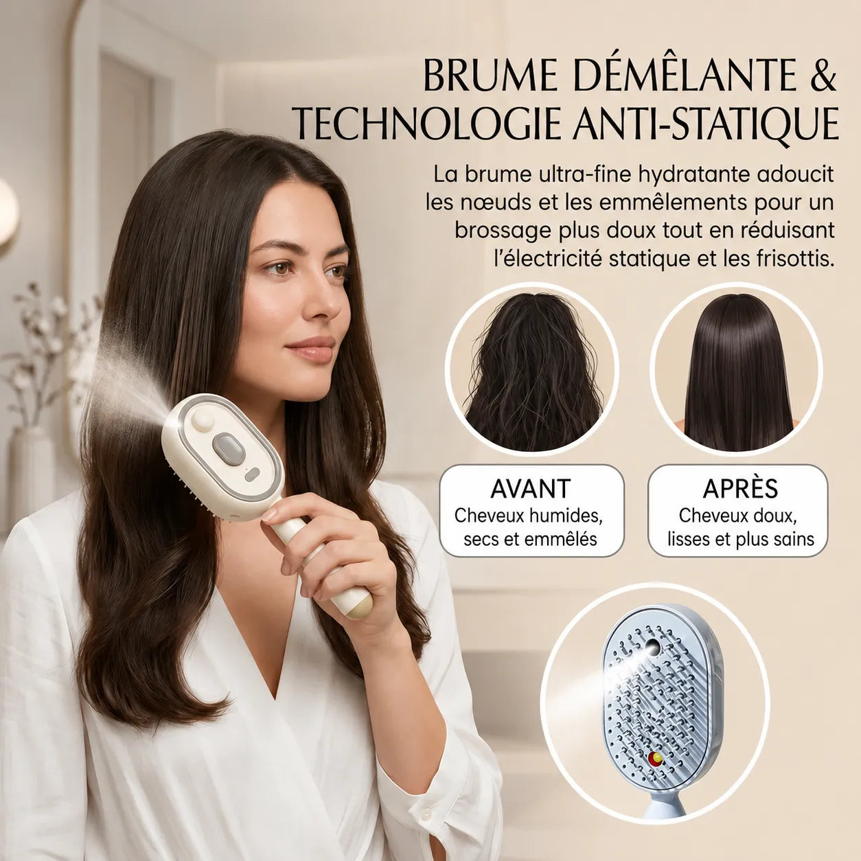 MistGlow | Brosse Électrique Brumisatrice Démêlante avec Massage
