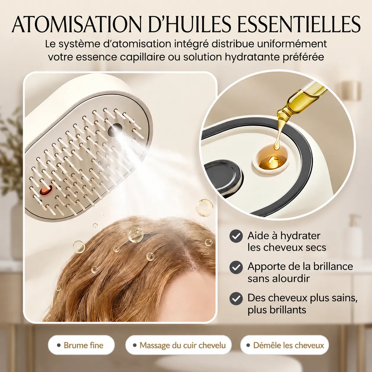 MistGlow | Brosse Électrique Brumisatrice Démêlante avec Massage