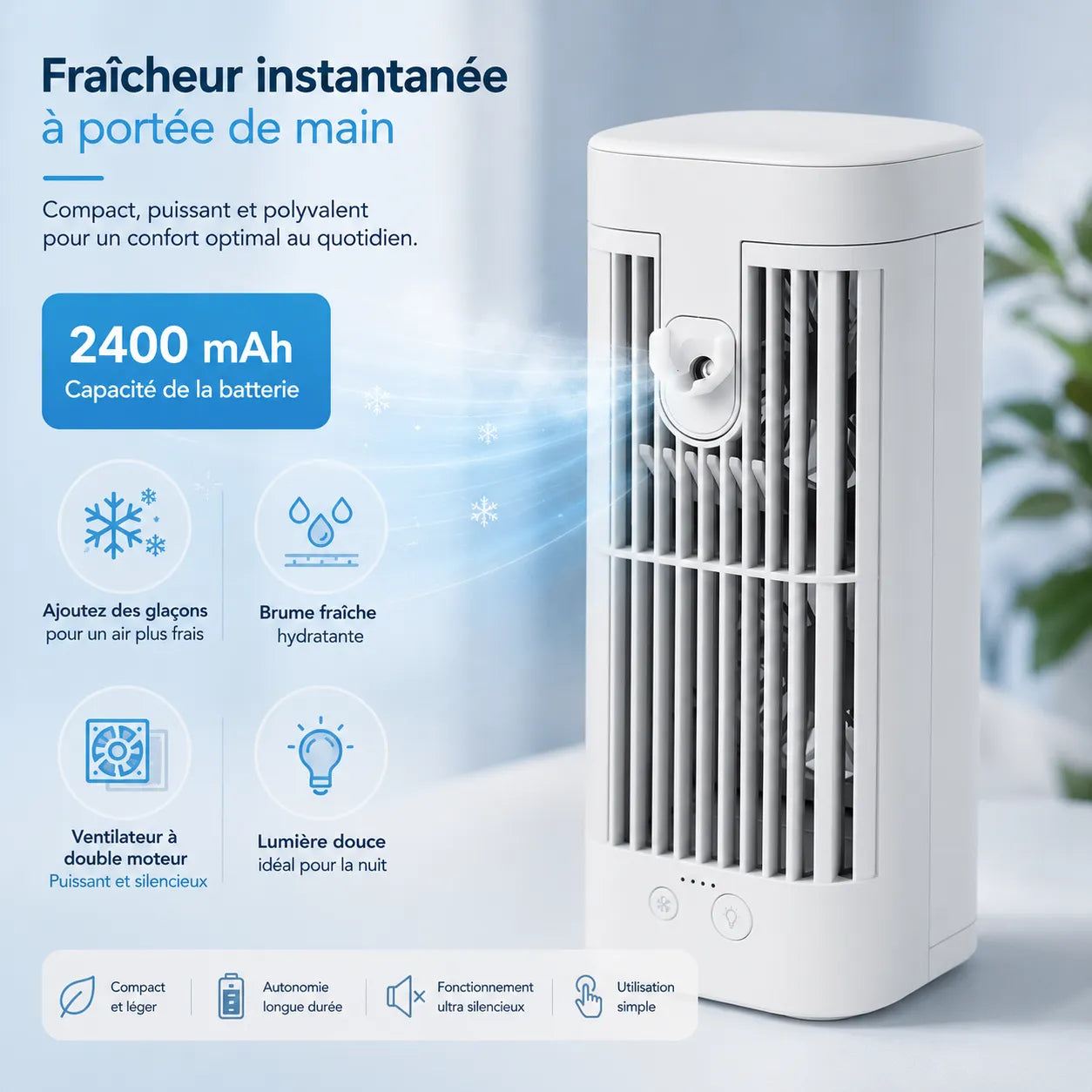 CoolDesk | Climatiseur Mobile Sans Évacuation Silencieux avec Veilleuse