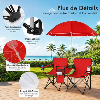 DuoCamp Oasis | Chaise de camping double pliante avec parasol pour plage