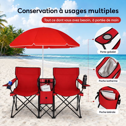 DuoCamp Oasis | Chaise de camping double pliante avec parasol pour plage