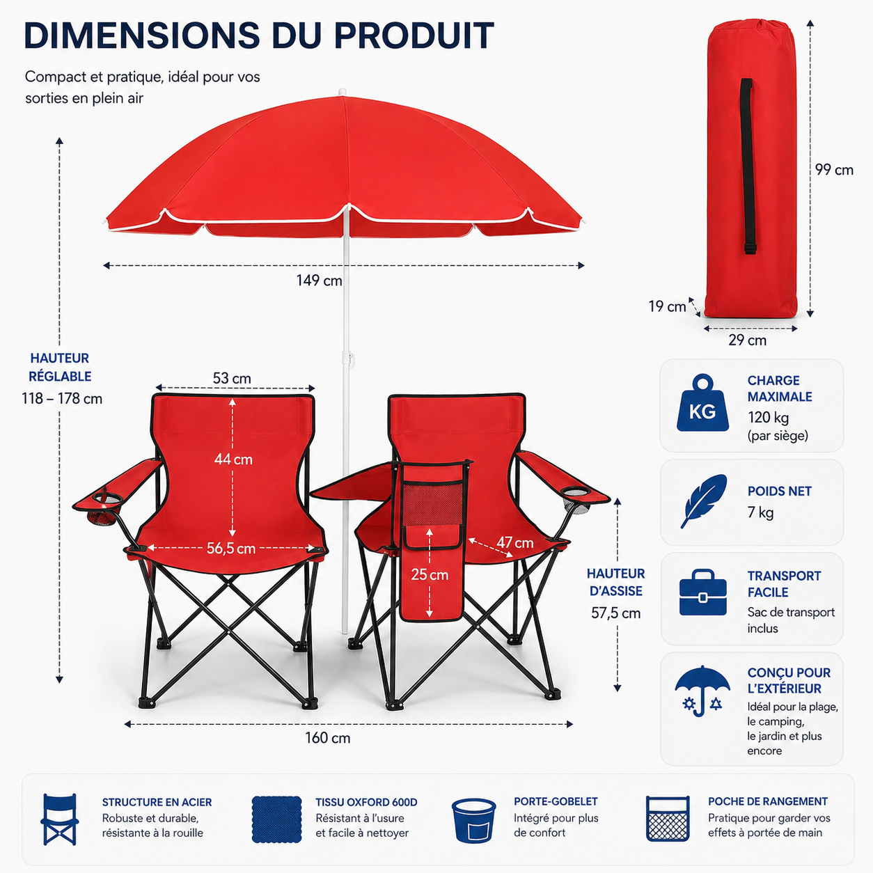 DuoCamp Oasis | Chaise de camping double pliante avec parasol pour plage