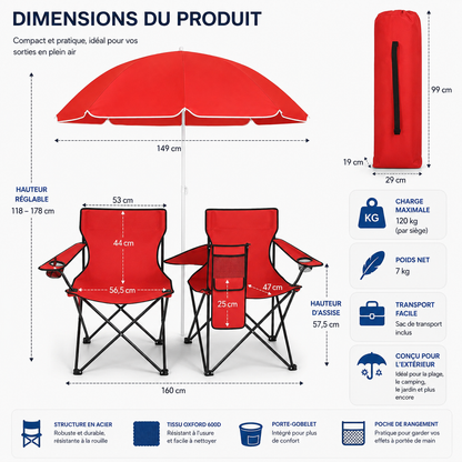 DuoCamp Oasis | Chaise de camping double pliante avec parasol pour plage