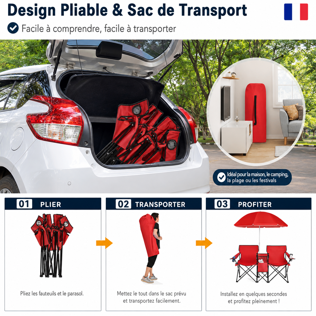 DuoCamp Oasis | Chaise de camping double pliante avec parasol pour plage