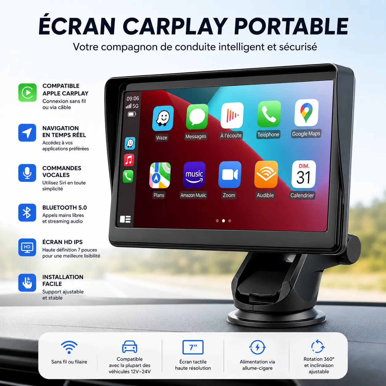 DriveLink | Écran CarPlay Voiture 7 Pouces Sans Fil Auto Universel