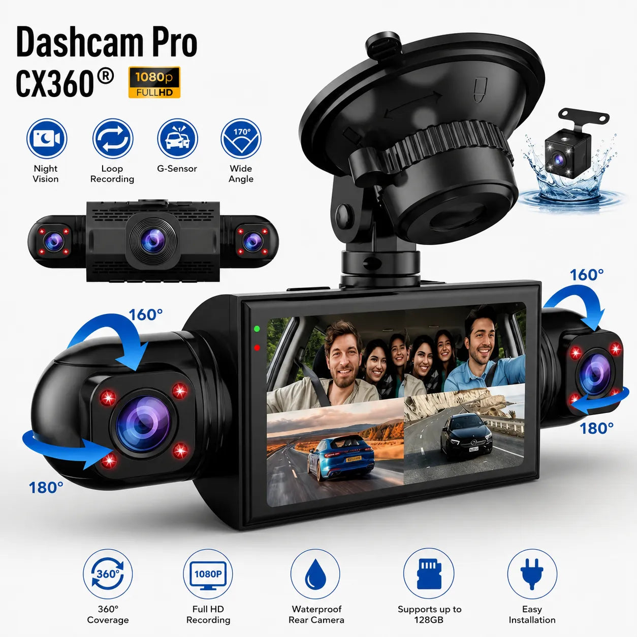 DashGard Pro CX360 | Dashcam Voiture 360° Full HD avec Vision Nocturne