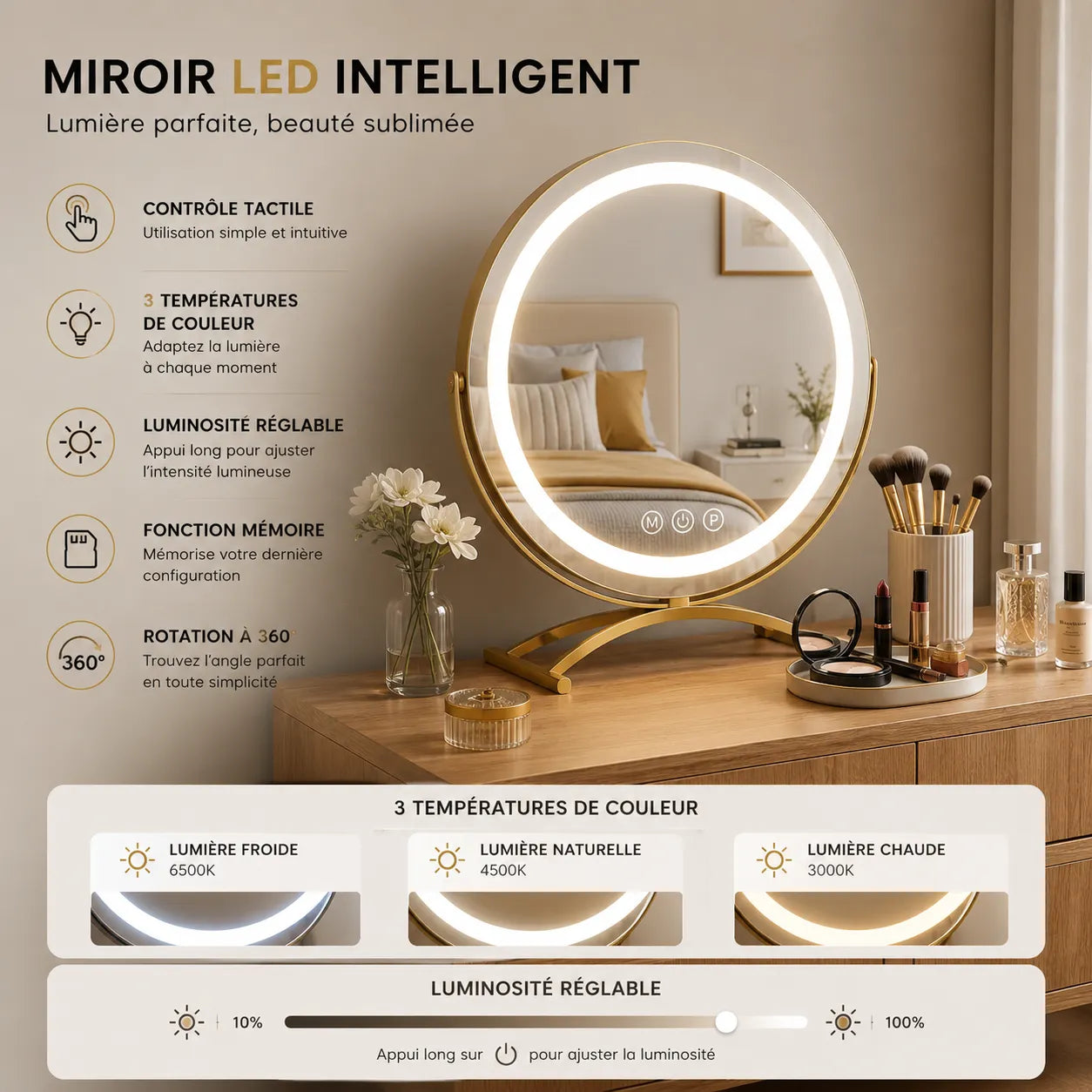 Aviro Miroir à Maquillage LED Rechargeable