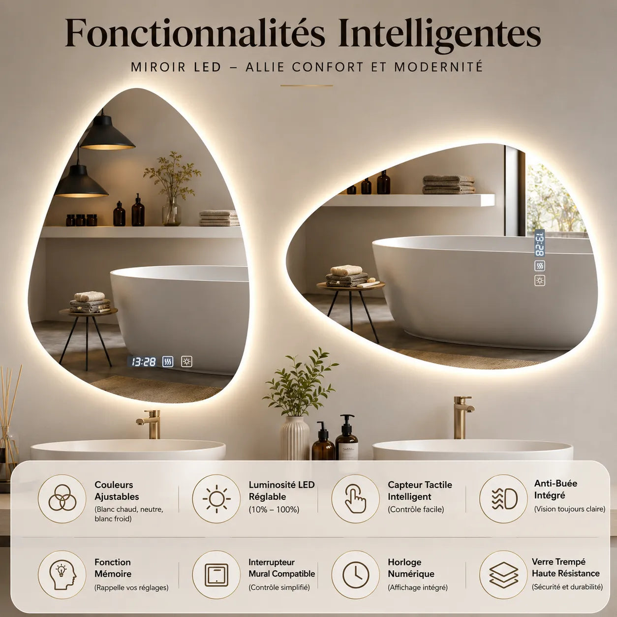 Miroir Salle de Bain LED ÉLORIA™ anti-buée 3 couleurs
