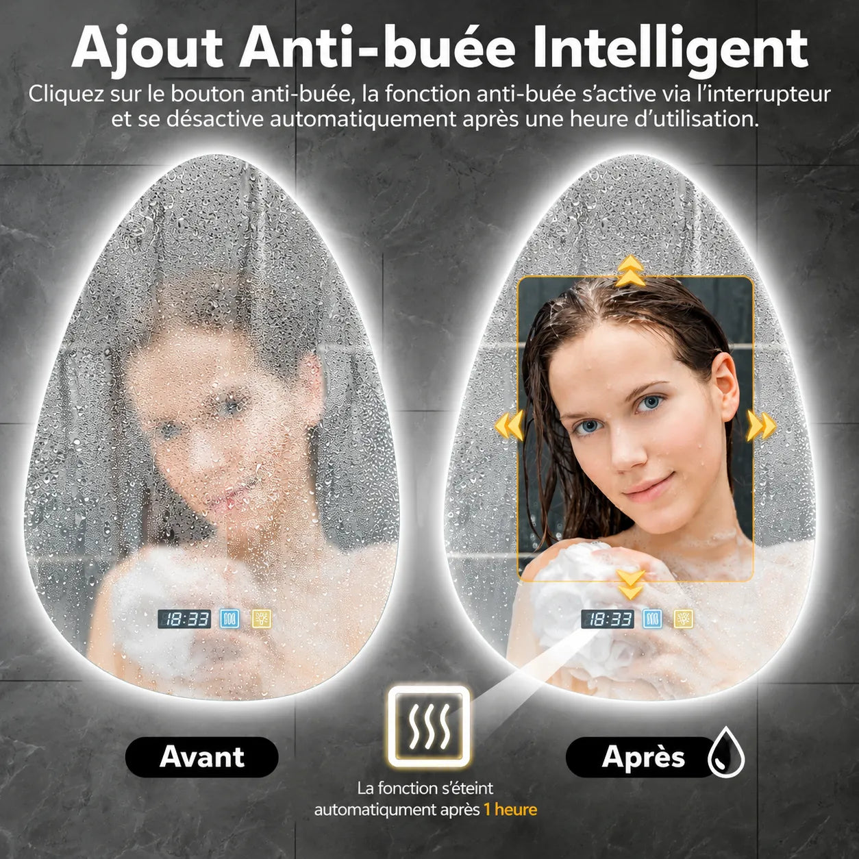 Miroir Salle de Bain LED ÉLORIA™ anti-buée 3 couleurs