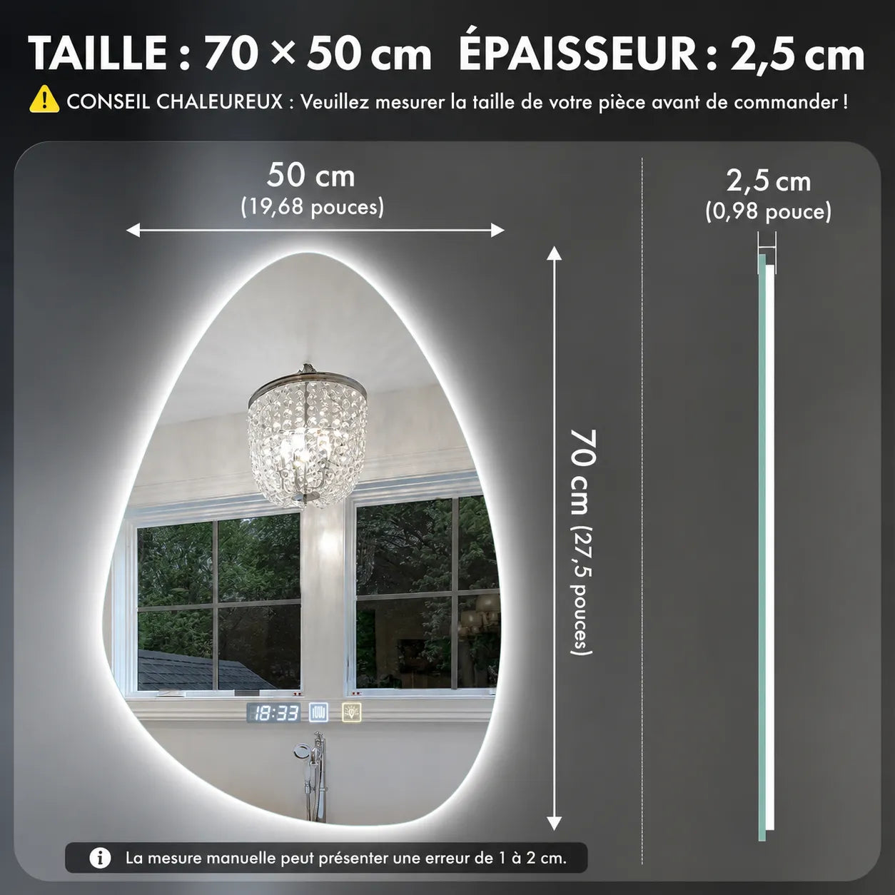 Miroir Salle de Bain LED ÉLORIA™ anti-buée 3 couleurs