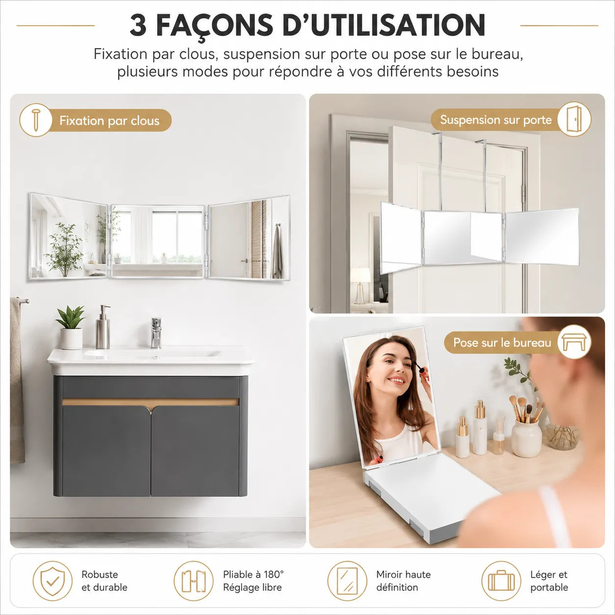 Miroir Salle de Bain & Coiffeuse Pliable VELMIRA