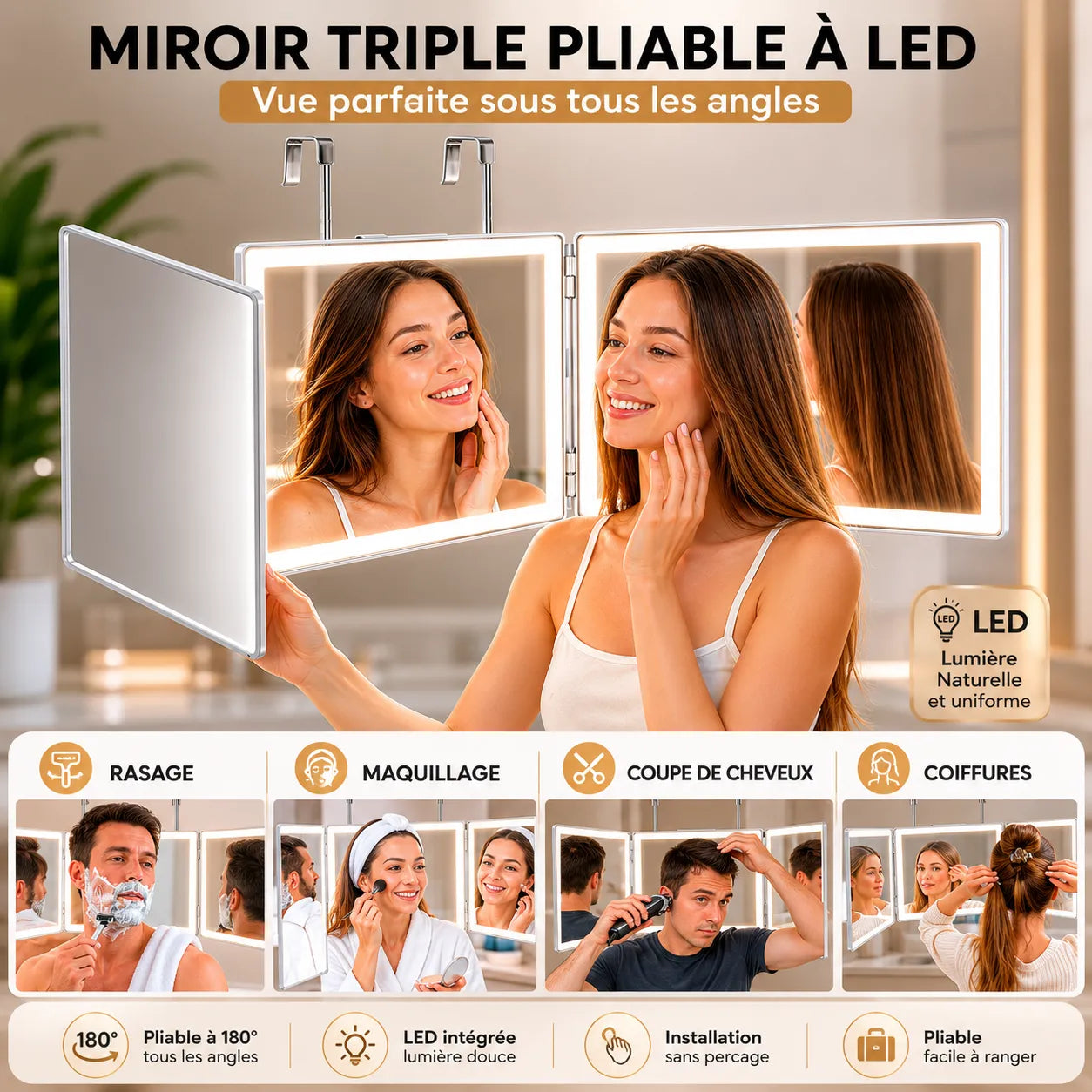 Miroir Salle de Bain & Coiffeuse Pliable VELMIRA