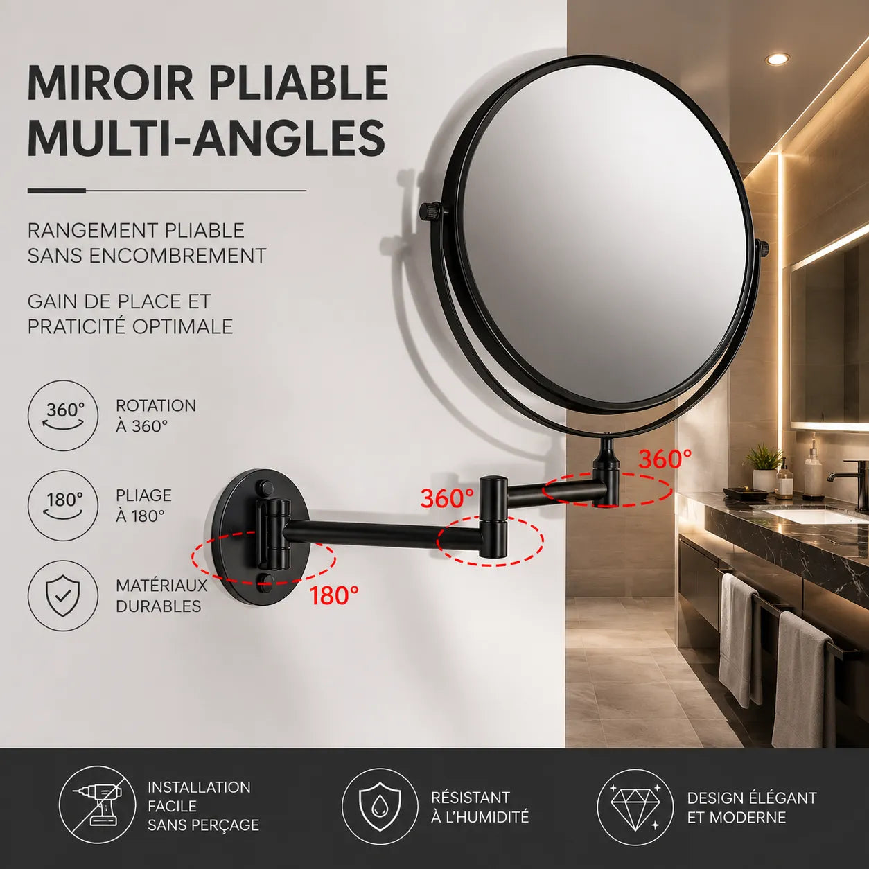 Miroir Salle de Bain Double Face ÉLÉGANCIA grossissant 8 pouces