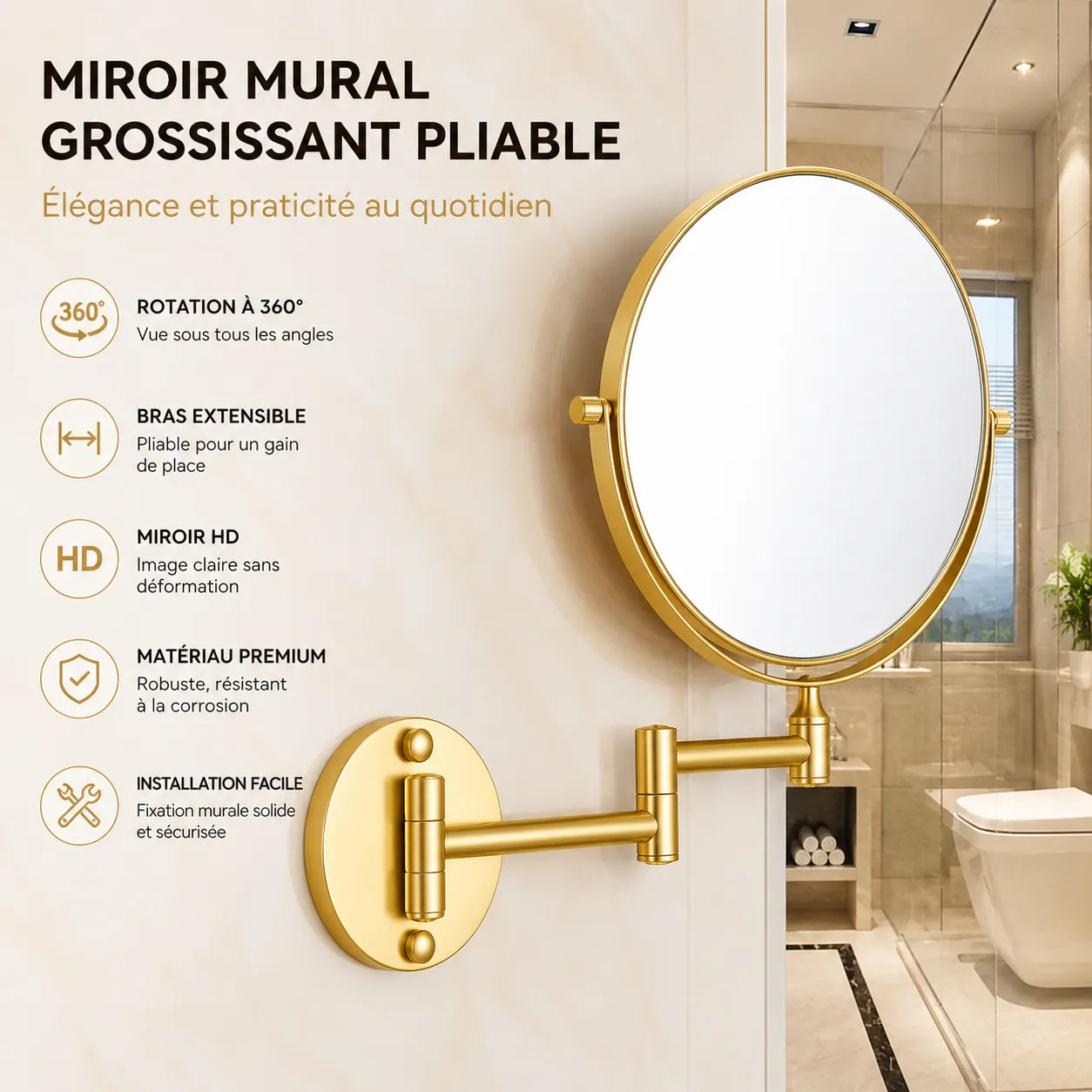 Miroir Salle de Bain Double Face ÉLÉGANCIA grossissant 8 pouces