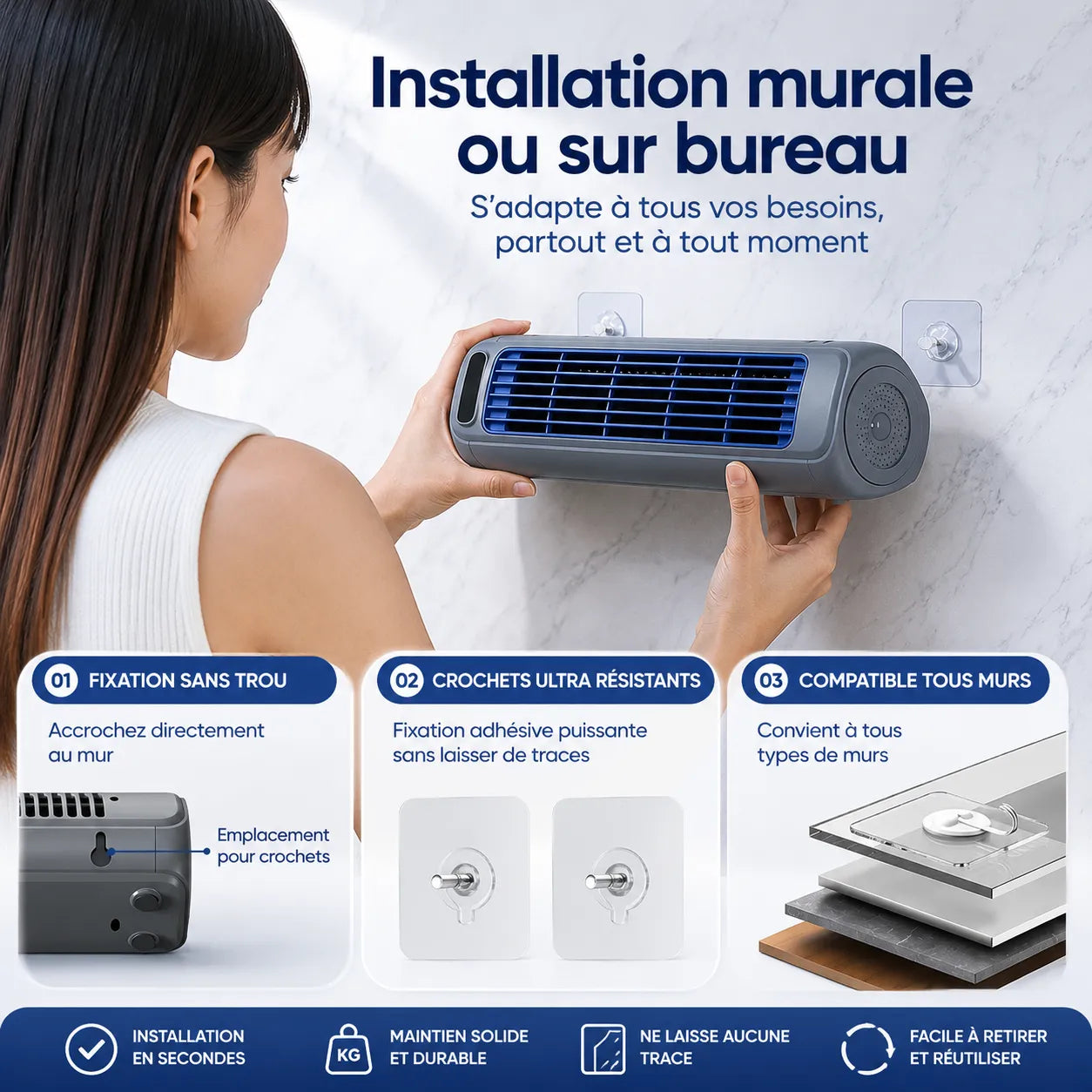 Ventilateur Portable Airéna | Ventilateur mural rechargeable silencieux 3 vitesses