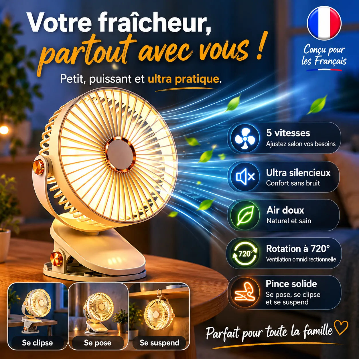 Ventilateur Portable Rechargeable Breezéo™ - Ventilateur à clip 8000mAh 5 vitesses