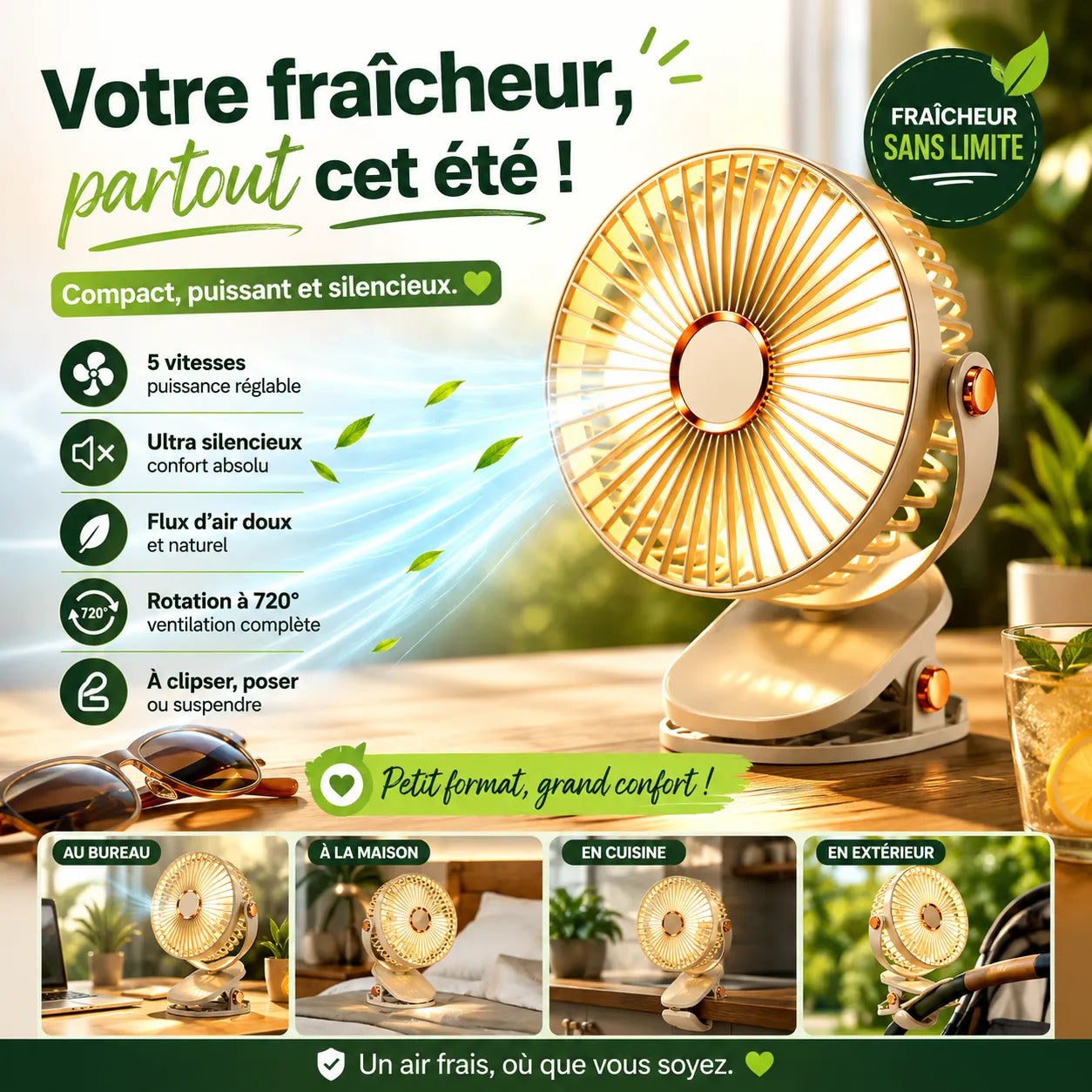 Ventilateur Portable Rechargeable Breezéo™ - Ventilateur à clip 8000mAh 5 vitesses