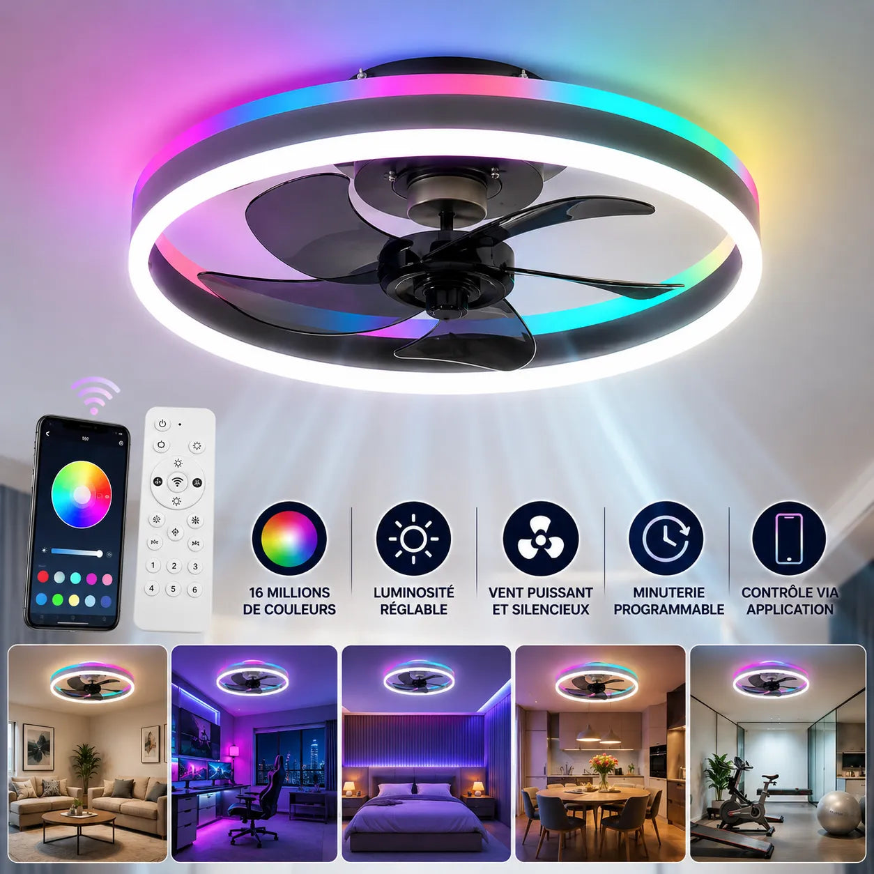 Ventilateur Plafond LED Ventorya | Ventilateur plafond RGB dimmable 50CM