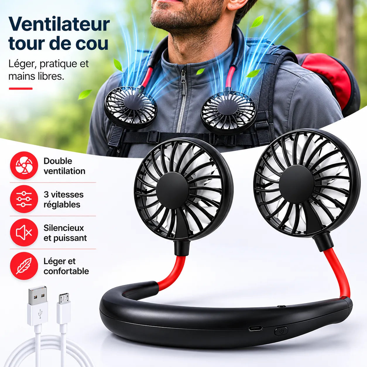 Ventilateur de Cou Portable AirFlex | ventilateur portable rechargeable USB 3 vitesses