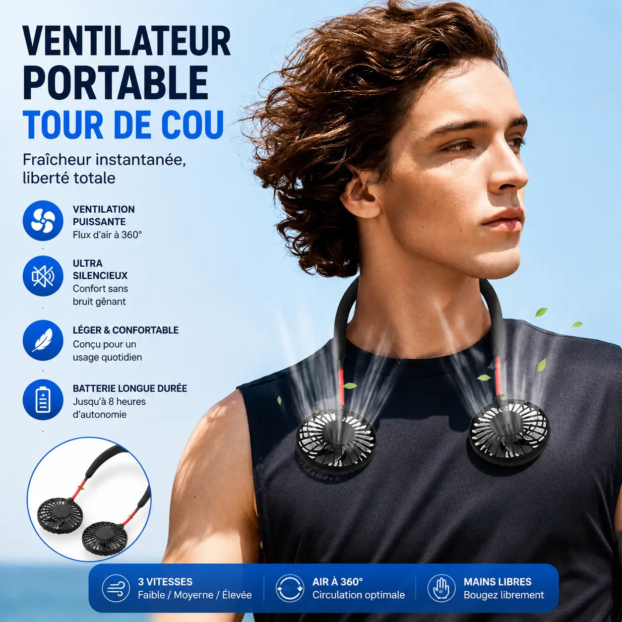 Ventilateur de Cou Portable AirFlex | ventilateur portable rechargeable USB 3 vitesses