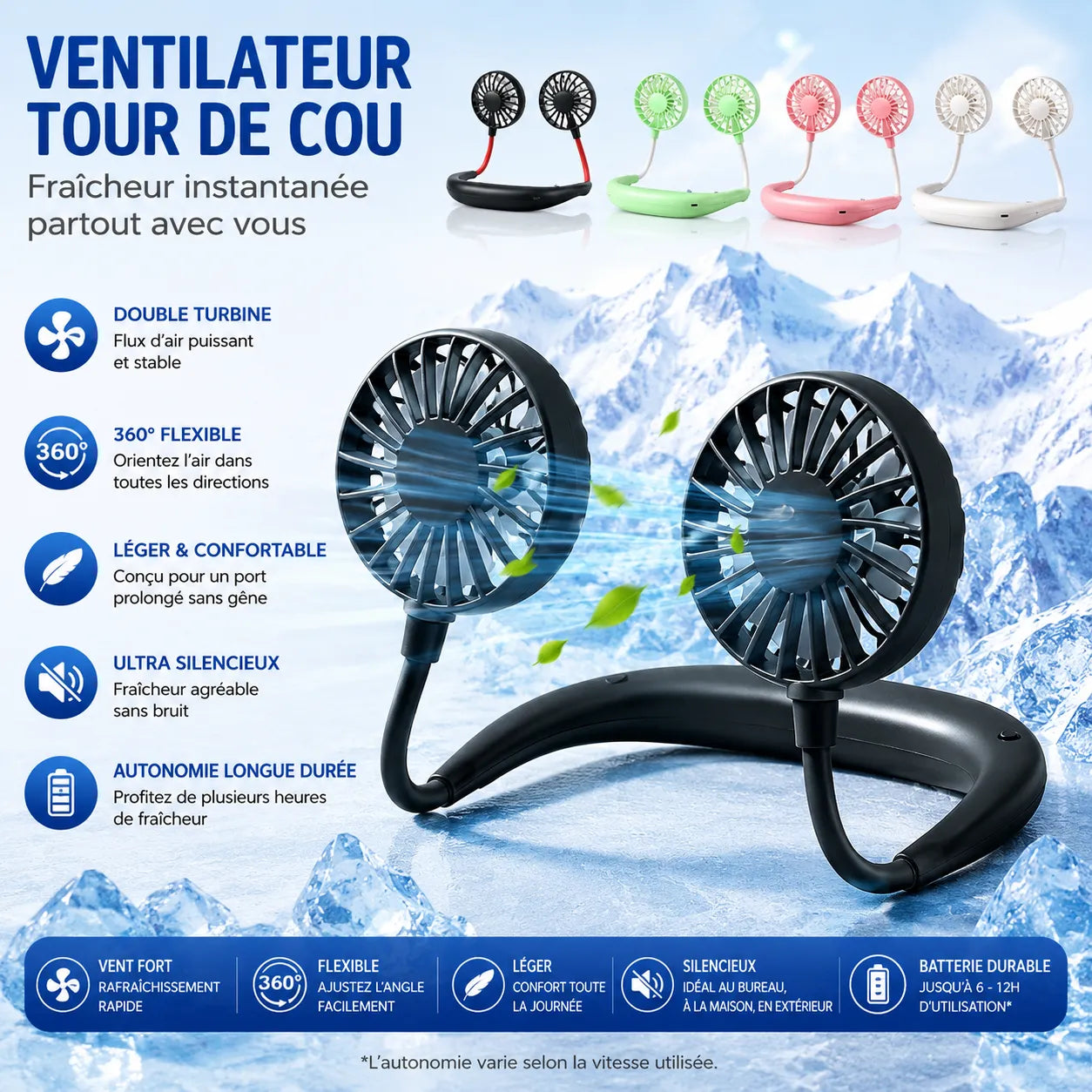 Ventilateur de Cou Portable AirFlex | ventilateur portable rechargeable USB 3 vitesses