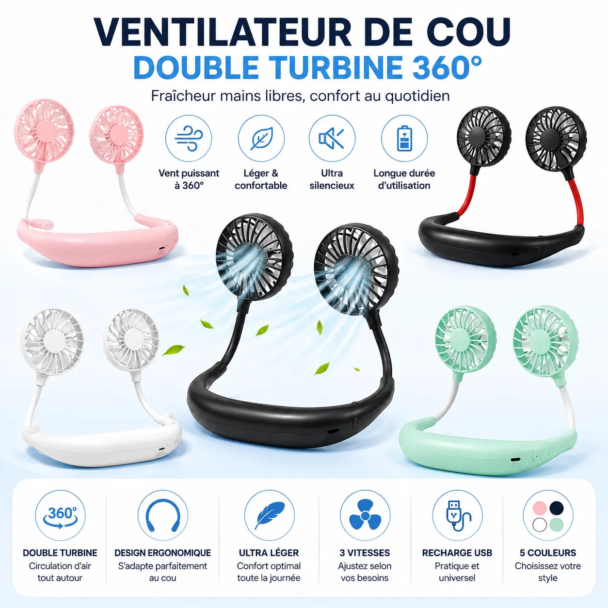 Ventilateur de Cou Portable AirFlex | ventilateur portable rechargeable USB 3 vitesses
