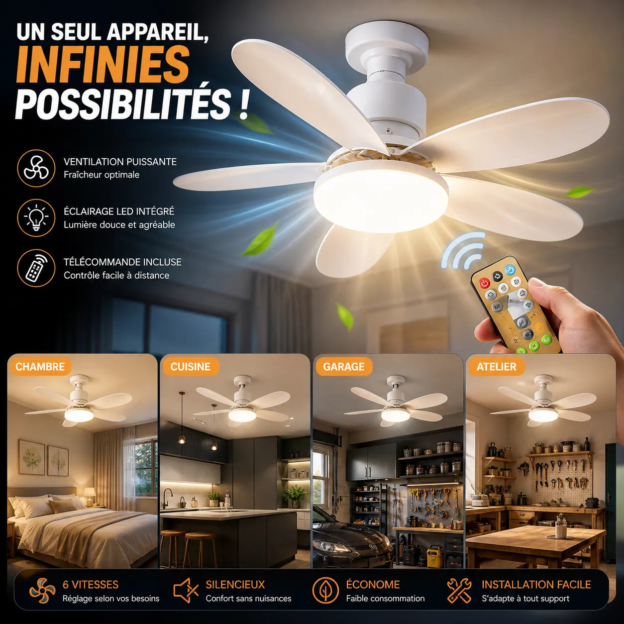 Plafonnier ÉoliaLED | Lustre ventilateur — Plafonnier ventilateur LED télécommande