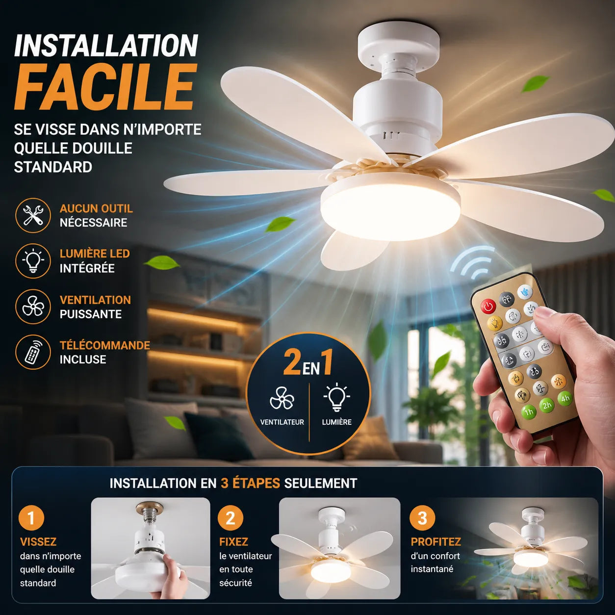 Plafonnier ÉoliaLED | Lustre ventilateur — Plafonnier ventilateur LED télécommande
